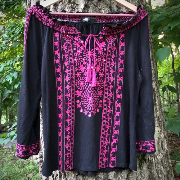 INC International Concepts Tops - INC embroidered, off shoulder boho top